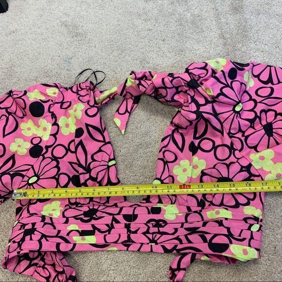 ZARA Fuchsia floral V neck balloon sleeve crop top pink yellow black Sz M NWT - Picture 7 of 8